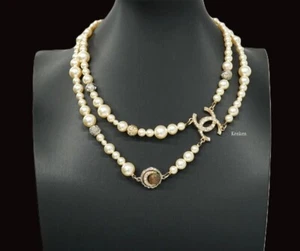 CHANEL Necklace Pendant choker Chain AUTH kenkenjp Fake Pearl Rhinestone Moon - Picture 1 of 8