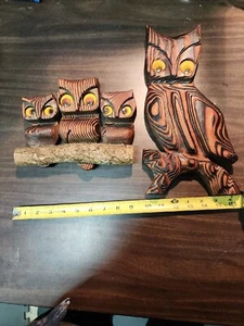 70’s Burnt Wood 3 Owls on Branch Witco Type Green Mountain Mfg. 9” Wall Plaque,  - Picture 1 of 13