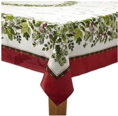 St Nicholas Square Pine Holly Boarder Cotton Rich Textured Tablecloth Oblong - Image 1 of 3