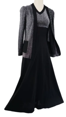 VESTIDO Y CHAQUETA MAX ViNTAGE AÑOS 70 ATOMiC SiVER METALLiC LUREX HiGH WAiST NEGRO MAXi S Foto 1 de 4