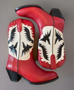 NEW - POLO by RALPH LAUREN Womens 6 Red/Cream Inlay Butter Leather Cowboy Boots - Picture 1 of 11