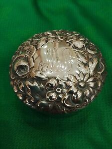 Antique Sterling Silver Trinket/Pill Box   Engraved Repousse 26.2 Grams 
