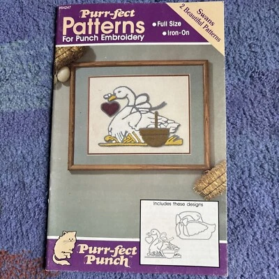 Vintage Iron On Patterns For Punch Embroidery 9x7 Swan Purr-fect #64247 NEW - Image 1 of 4