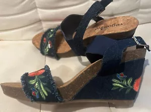 WOMEN Blue Denim Embroidered 10 SHOES PLATFORM Vedge SANDALS VEGANBIO New - Picture 1 of 6