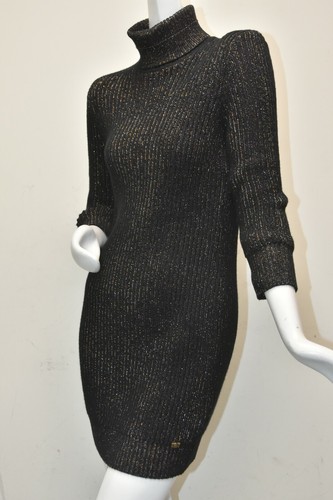 NUOVO Abito Chanel Maglione $2565 SETA CASHMERE Nero Metallico CC Oro 40
