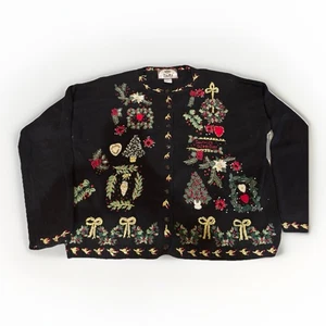 Vintage Tiara International Christmas Cardigan Grandma Ugly Sweater Medium Black - Picture 1 of 6