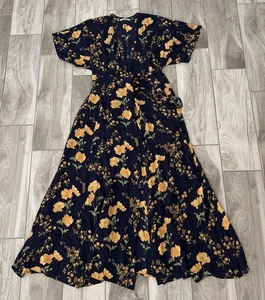 Reformation Damen XL Winslow Blumen Wickel Maxi Kleid Viskose dunkelblau Kimono - Bild 1 von 11