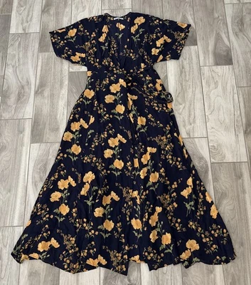 Reformation Women’s XL Winslow Floral Wrap Maxi Dress Viscose Navy Blue Kimono - Image 1 of 4