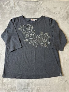 Quacker Factory 1X Gray Sequin Floral Top Plus Size 3/4 Sleeve Embellished - Picture 1 of 8
