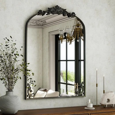 36"x 24" Arched Bathroom Mirror, Wall-Mounted Mirror with Carved Metal Frame ... - Image 1 of 4