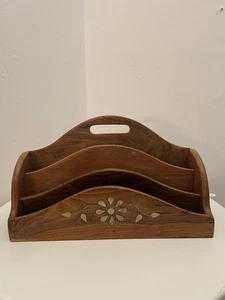 Letter Rack Hand Crafted Wood Brass Inlay Bohemian Cottage Desk Tidy - Picture 1 of 5