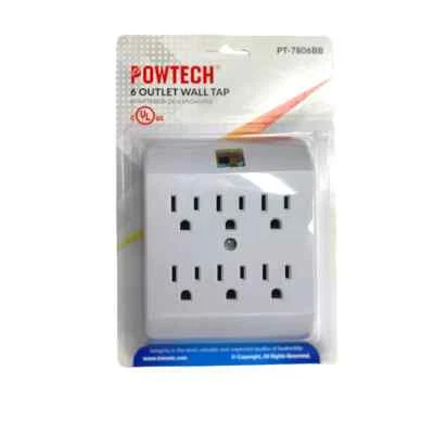 POWERTECH 6 Outlet Adapter, 3 Prong Outlets, Wall Charger, White, Powtech Outlet Wall Tap.