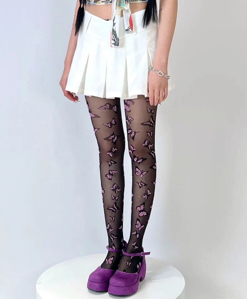 Y2K Subculture Pink Butterfly Print Stockings - Image 1 of 3