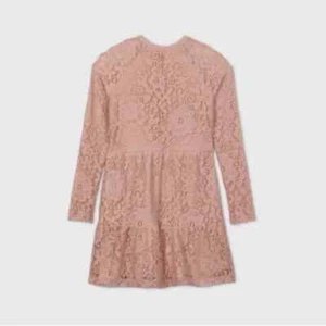 Girls’ Long Sleeve Stretch Floral Lace Tiered Knee-Length Dress Pink S M L XL XX - Picture 1 of 7