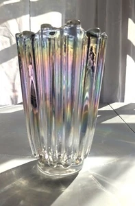 Vintage 8” Ribbed Carnival Glass Vase - Clear, ribbed, Iridescent Pearl-essence - Picture 1 of 5