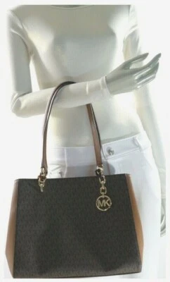 NWT$428.00 - Michael Kors Sofia LARGE PVC Leather MK Signature Tote Bag Brown  - Image 1 of 2