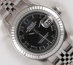 Rolex Lady Datejust 26mm Edelstahl Uhr - Schwarzes römisches Zifferblatt - 18k geriffelte Lünette - Bild 1 von 5