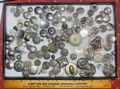 130 Antique Vintage Metal Buttons Mixed Age Type 1/4"-1+3/4" Steel Silver Pewter - Image 1 of 4