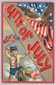 Patriotic American Flag 4th of July Eagle Cannon Firing Embossed Postcard Posted - Picture 1 of 2