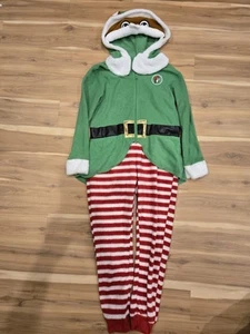 Youth M/L Buc ee's Beaver Tail Santa Hat One Piece Zip Pajamas PJ Elf Costume - Picture 1 of 5