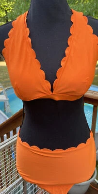 Hilinker Neon Orange Bikini Swimsuit Scalloped Triangle  2 Piece Medium NWOT - Изображение 1 из 4
