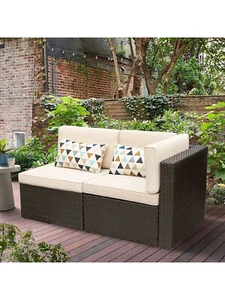 2 Pieces Patio Sectional Set Outdoor Rattan Loveseat With Cushions & Pillow - Picture 1 of 19