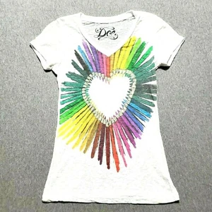 Y2K DOE Heart Love TShirt S Vtg French Cut Baby Tee Color Pencil Art Burnout USA - Picture 1 of 9