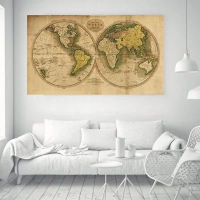 Huge Global Geography World Map Vintage Silk Canvas Poster Fabric Painting 86 - Image 1 of 4