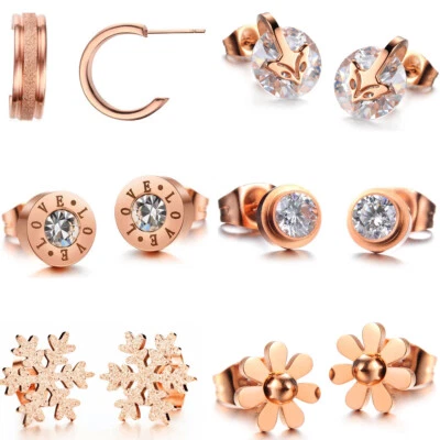 DAMEN OHRSTECKER EDELSTAHL ROSE GOLD ZIRKONIA OHRRINGE OHR SCHMUCK GESCHENK NEU - Bild 1 von 2