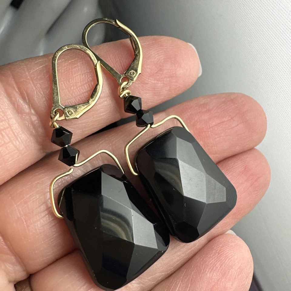 14 K Yellow Gold Filled Faceted Black Onyx Pierced Dangle Earrings - Image 1 of 4