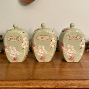 Songbird Garden Rosie B. Farmer Green Ceramic Canister Set Of 3 Florals Bird - Picture 1 of 20