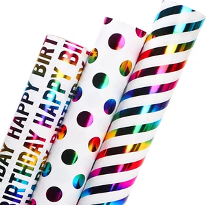 Birthday Wrapping Paper Iridescent Gift Wrapping Paper Mini Roll, 3 Rolls Happy - Picture 1 of 8