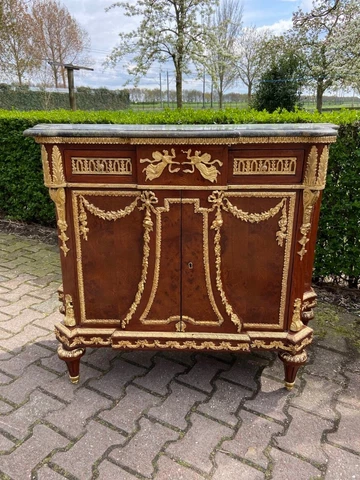 Antique Bahut / buffet of mahogany beech with marble top and bronze decorations Cover