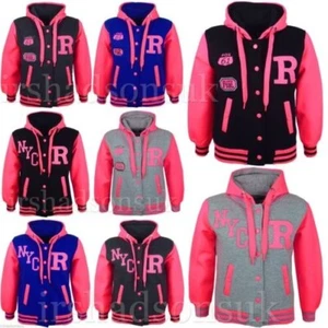 KIDS GIRLS BOYS VARSITY NYC FOX BASEBALL R NEON BRIGHT HOODED JACKET HOODIE 7-13 - Picture 1 of 9