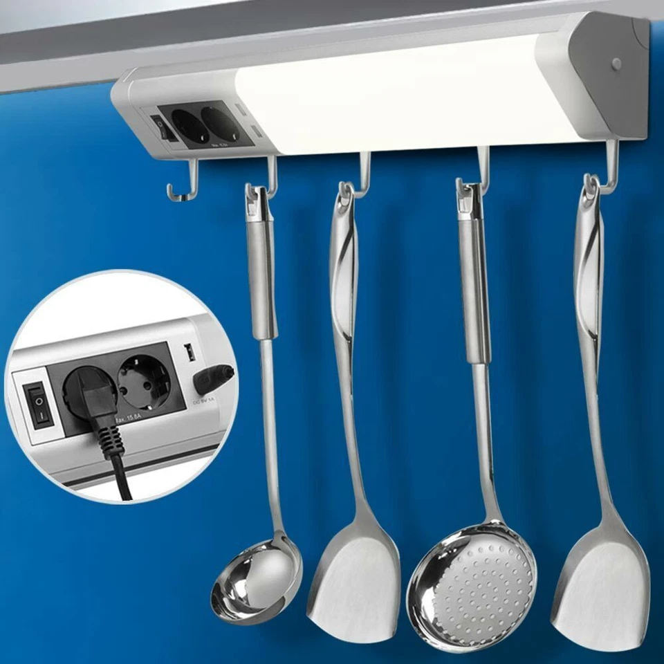 Lampada Luce Sottopensile Cucina Con 5 Ganci Portastoviglie 2 Prese Shucko + USB - Immagine 1 di 4