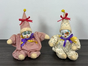 Vintage 2er Set Porzellankopf Clown Puppen rot weiß gestreift & weiß blau gepunktet - Bild 1 von 18