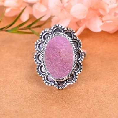 Anillo hecho a mano fresco de plata de ley 925 maciza con piedras preciosas de cuarzo rosa, V3116 Foto 1 de 4