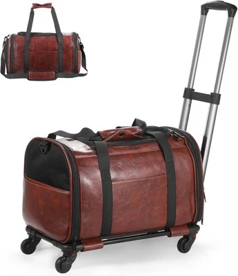 Transportador de mascotas de cuero con ruedas, bolsa de viaje aprobada por la aerolínea para perros pequeños y ca Foto 1 de 4