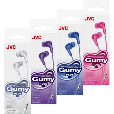 JVC HAFX7 GUMY IN EAR HEADPHONES W/SPARE BUDS - BLUE VIOLET PINK WHITE - HA-FX7 - Image 1 of 4