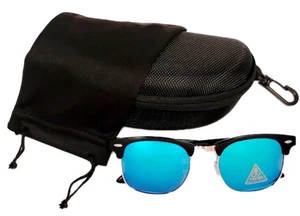 Unisex Wayfare Style Sunglasses W/ Black & Gold Frame & Ice Blue Mirrored Lenses - Picture 1 of 2