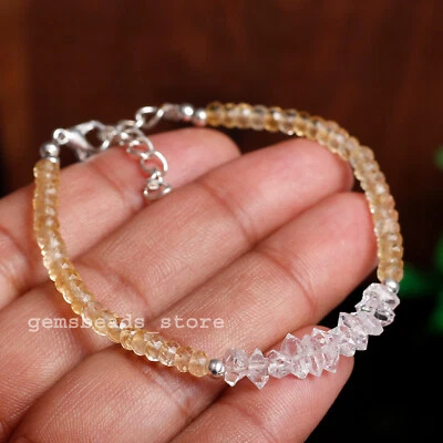 Bracciale argento sterling 925 citrino + diamanti bianchi Herkimer quarzo pie... - Immagine 1 di 4