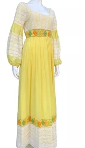 Vintage Bohemian 70s Crochet Embroidered Maxi Dress Puff Sleeve S Hippie Prom - Picture 1 of 20