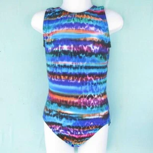 Gymnastics Leotard Girls sz CM Child 7 Black colorful hoz. paint stripes NEW ca - Picture 1 of 7
