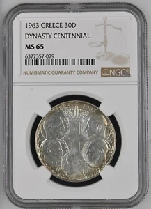 NGC MS65-Greece 1963 Dynasty Centennial Silver 30 Drachmai GEMBU Scarce - Picture 1 of 2