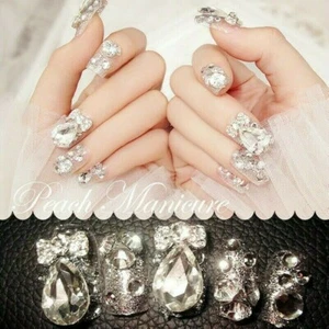 Bride Glitter Fake Nail Rhinestones Acrylic Finished Nails Art Tips 24PCS Crafts - Picture 1 of 9