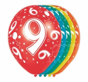 5 X NUMBER 9 LATEX BALLOONS AGE 9TH BIRTHDAY - ASSORTED COLOURS 30CM (12") - Picture 1 of 2