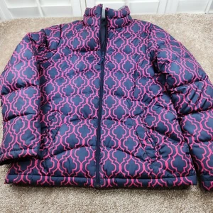 Lands' End 10-12 Pink Purple Navy Down Puffer Jacket Coat Geometric - Picture 1 of 5