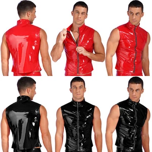 Men's Zipper Sleeveless Jacket Patent Leather Stand Collar Vest Top Club-wear - Picture 1 of 32