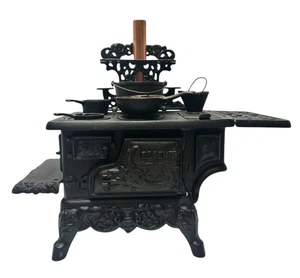 Vintage Crescent Cast Iron Toy Stove Miniature with Accessories Copper Chimney - Picture 1 of 24