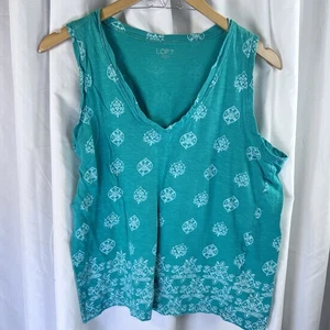 LOFT Women's Tank Top Woven Sleeveless Blouse Green White Floral MED EUC - Picture 1 of 7